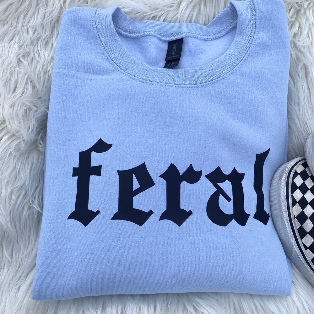 Boutique! 
FERAL sweatshirt. Trendy. Light blue. M & L available.